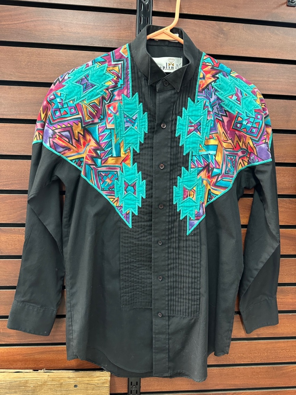 Vintage Black Western Button-Down Shirt with Multicolor Aztec Yoke
